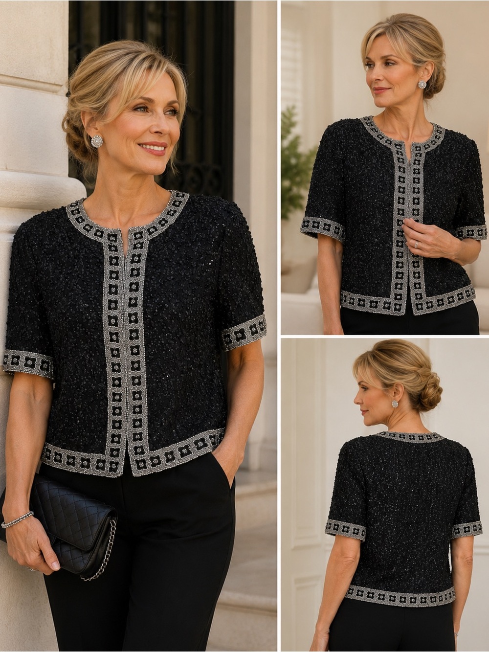 Vtg Scala Silk Bead Sequin Embellished Jacket Top Evening Cocktail Formal Bolero